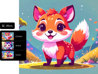 Cartoon fox with large eyes in a pastel outdoor scene, shown with an Effects panel with Cartoon, Anime and Comic style options.