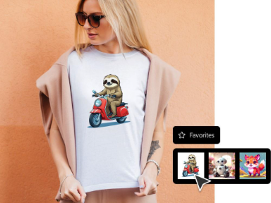 Person wearing a T-shirt with a cartoon sloth riding a scooter, shown with a Favourites panel displaying saved generated images.