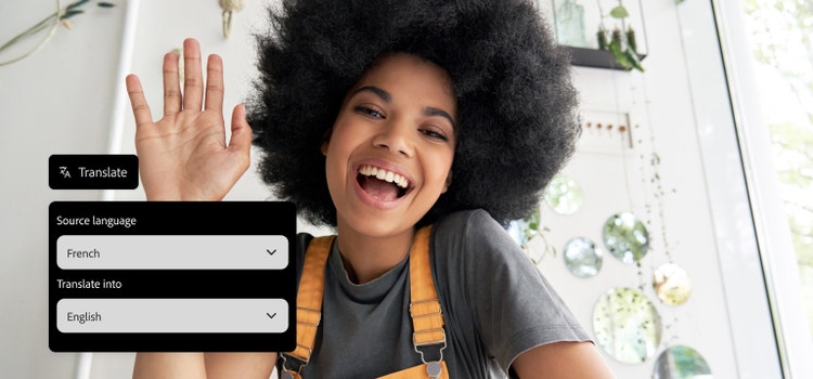 A young person smiles into the camera with AI audio translation tool overlay set to translate French into English.