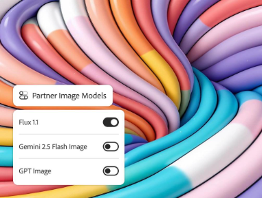 AI generate image featuring a colourful twisted pattern of pastel tubes with an overlay titled 'Partner Image Models' listing Flux 1.1, Gemini 2.5 Flash Image and GPT Image.