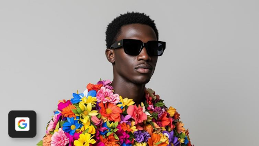 AI-generated image by Gemini, accessible through Adobe Firefly, showing a person in a colourful floral outfit, featuring the Gemini logo in the bottom left corner.