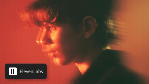 A stlylised image of a man in motion, listening to a voice memo, featuring ElevenLabs logo.