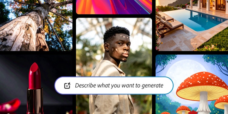 AI generated collage of diverse visual styles, including a close-up portrait of a man outdoors, a tree viewed from below, a luxury poolside scene, a red lipstick product shot, abstract color gradients, and illustrated fantasy mushrooms, with a text prompt field reading “Describe what you want to generate” overlaid in the center.