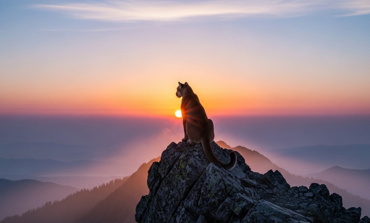 A mountain lion viewed from behind on a mountain peak at sunrise with soft pastel light and thin mist