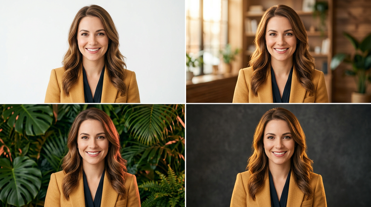 Split screen of a woman with long hair in professional clothes in front a a variety of backgrounds