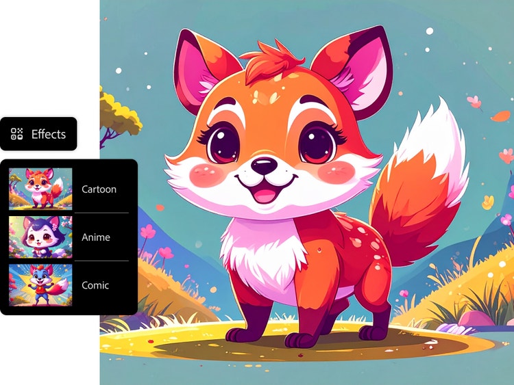 Cartoon fox with large eyes in a pastel outdoor scene, shown with an Effects panel with Cartoon, Anime and Comic style options.