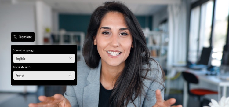 A still video capture of a woman with graphic overlay of the AI audio translator input for English to French translation.