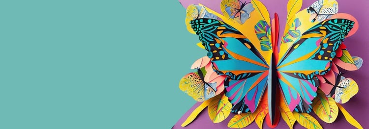 butterfly graphic on a teal and purple background