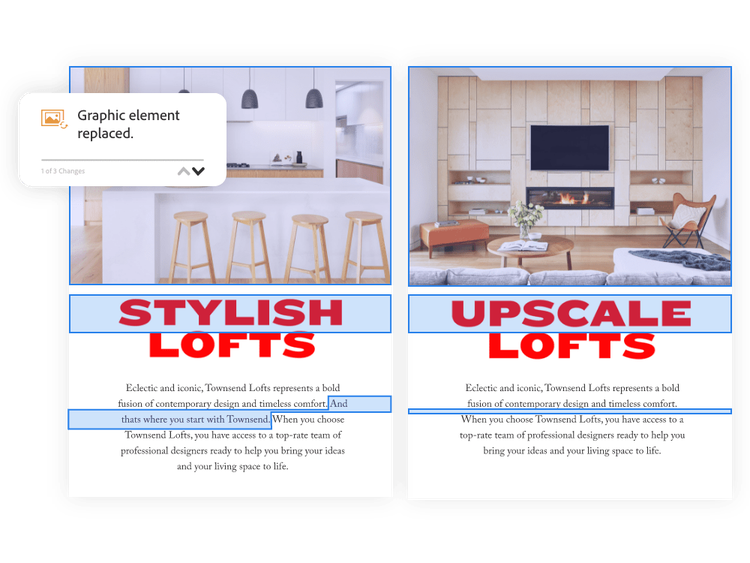 Dos documentos PDF en comparación, con los cambios anotados por la llamada de texto "Elemento gráfico sustituido" y resaltado en línea