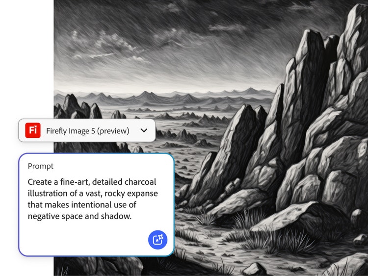 Ilustración de bellas artes realizada en carboncillo generada con IA, que representa un extenso paisaje rocoso con acantilados imponentes, sombras profundas y un amplio uso del espacio negativo, mostrada dentro de la interfaz de Adobe Firefly con la indicación a la vista