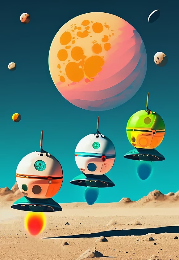 3 Pastel color spaceships landing on moon