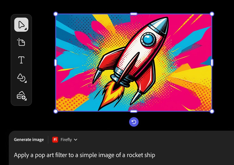 Captura de la interfaz de Firefly; se observan la barra de herramientas, una ilustración con estilo de arte pop de una nave espacial y la indicación de texto “Aplica un filtro de arte pop a la imagen simple de una nave espacial”