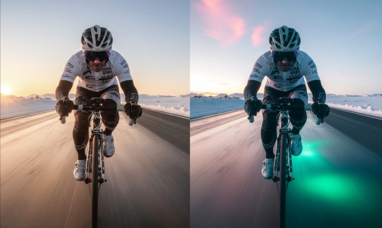Imagen del antes y el después de un ciclista en una carretera; la imagen realista está junto a otra que muestra luz verde brillante debajo de las ruedas