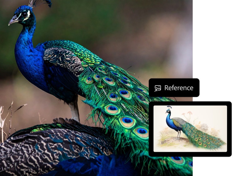 Indicación de boceto a imagen y la imagen generada con IA resultante de un pavo real con una imagen de referencia en el generador de arte con IA