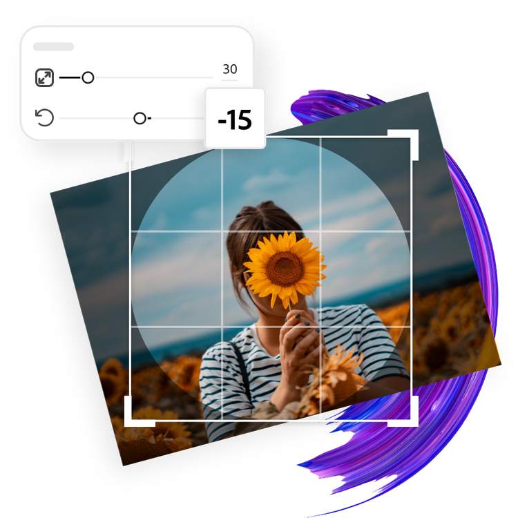 Graphic elements and an image being edited in the background.