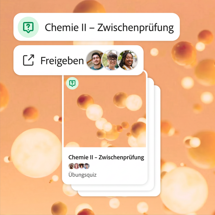 Ein Quiz für eine Chemie-Zwischenprüfung wird mit drei Mitstudierenden geteilt. Orangefarbene 3D-Moleküle schweben um den Rahmen – sowohl als Hintergrund als auch auf dem Cover des Lernkartenstapels.