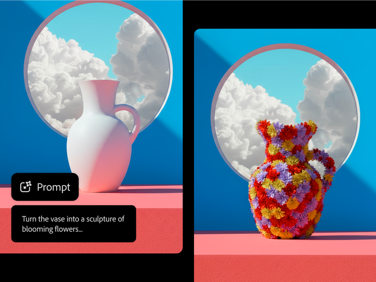 Ein Vorher-Nachher-Vergleich zeigt, wie eine weiße Vase vor einem idyllischen Hintergrund mit Himmel mithilfe der KI-gestützten Bearbeitung in eine Skulptur aus bunten Blüten verwandelt wird.