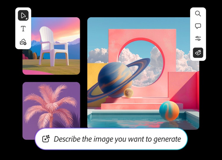 KI-generiertes Moodboard mit verschiedenen surrealen Szenen: ein weißer Stuhl in freier Natur, eine rosa Palme und schwebende Planeten vor geometrischen Formen