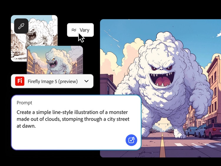 KI-generiertes Bild eines Cartoon-Monsters aus Wolken, das bei Sonnenaufgang eine Stadtstraße entlangstampft, gezeigt in der Adobe Firefly-Benutzeroberfläche mit sichtbarem „Variieren“-Button und Prompt.