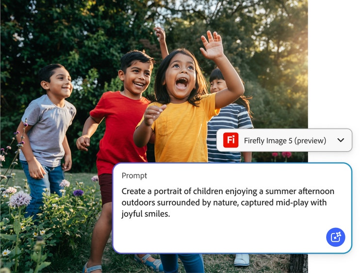 KI-generiertes Bild von Kindern, die an einem sonnigen Nachmittag draußen spielen, mitten im Spiel mit fröhlichen Gesichtsausdrücken und umgeben von Grün aufgenommen, gezeigt in der Adobe Firefly-Benutzeroberfläche mit sichtbarem Prompt.