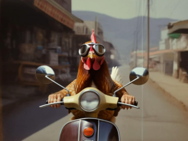 KI-generiertes Bild eines Hahns, der auf einem Motorrad durch eine Stadt fährt. Das Bild wurde zum Generieren eines Videos verwendet