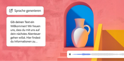 Digitale Oberfläche zum Generieren von Sprache mit einem Textfeld mit Begrüßung, dem Symbol „Sprache generieren“ und einer Audio-Wellenform unter der Illustration einer weißen Vase in einer blauen Bogennische