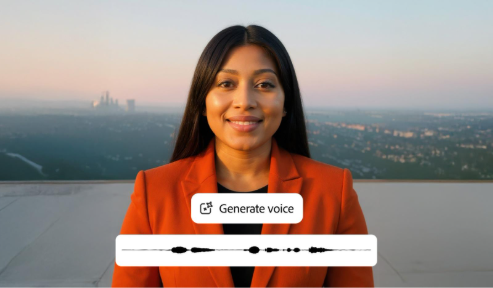 KI-generierter Avatar einer lächelnden Frau in orangefarbenem Blazer, mittig positioniert vor einer verschwommenen Stadtsilhouette bei Sonnenuntergang. Darüber eine Audio-Wellenform und der Button „Stimme generieren“.