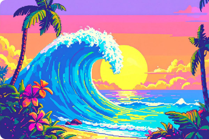 Ein leuchtend buntes, pixeliges Bild einer Welle an einem tropischen Strand mit einem Sonnenuntergang im Hintergrund