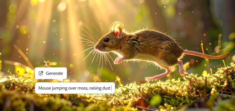 Eine Maus im Wald auf der Oberfläche eines KI-Videogenerators. Im Bild ist der Text-Prompt „Maus springt über Moos und wirbelt Staub auf“ eingeblendet.