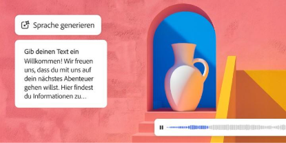 Digitale Schnittstelle zum Generieren von Sprache mit einem Textfeld mit Begrüßung, dem Icon „Sprache generieren“ und einer Audio-Wellenform unter der Illustration einer weißen Vase in einer blauen Bogennische