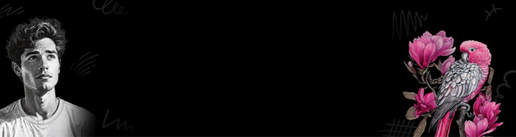 Links: eine detaillierte Schwarz-Weiß-Illustration eines Mannes mit kurzen Haaren im T-Shirt. Rechts: eine Strichzeichnung eines Vogels auf einem blühenden Ast in verschiedenen Rosatönen.