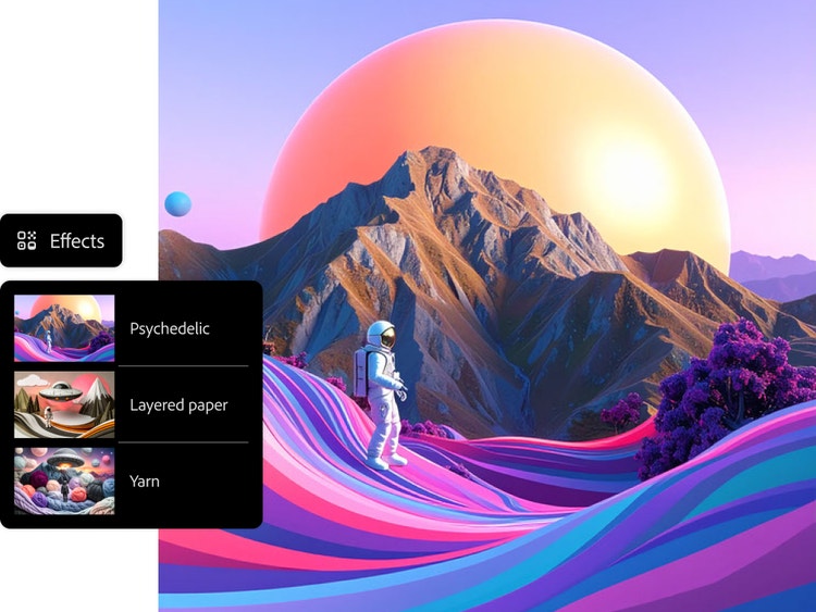 Grafik-Design eines Astronauten, der auf farbenfrohen, psychedelischen Wellen in einer surrealen Landschaft steht.