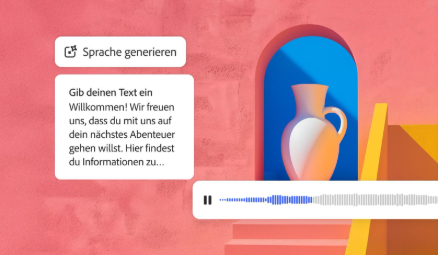 Digitale Oberfläche zum Generieren von Sprache mit einem Textfeld mit Begrüßung, dem Symbol „Sprache generieren“ und einer Audio-Wellenform unter der Illustration einer weißen Vase in einer blauen Bogennische