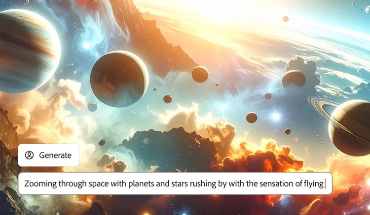 KI-generiertes Bild von Weltraum, Planeten und Sternen in der Benutzeroberfläche des KI-Videogenerators mit Text-Prompt zur Bewegungssteuerung