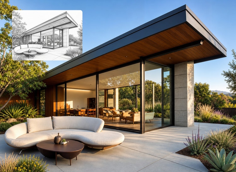 Modernes Haus mit raumhohen Glaswänden, flachem Vordach und bepflanzter Terrasse mit geschwungenem Außensofa, daneben eine kleine Architekturskizze desselben Entwurfs.