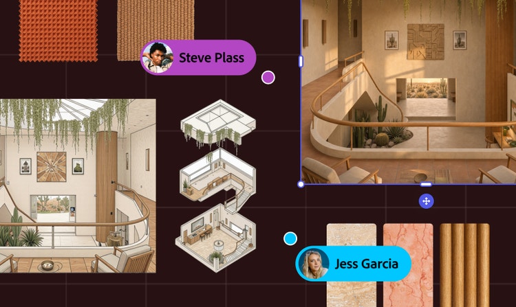 Die Firefly Boards-Oberfläche zeigt Architektur-Referenzen, Material-Farbfelder, Kommentare von Mitarbeitenden und Innenraum-Konzeptbilder, die auf einer gemeinsamen Arbeitsfläche angeordnet sind.