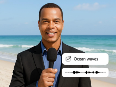 KI-generierter Moderator mit Mikrofon am Strand mit einer Audio-Wellenform und „Meereswellen“-Soundeffekt.