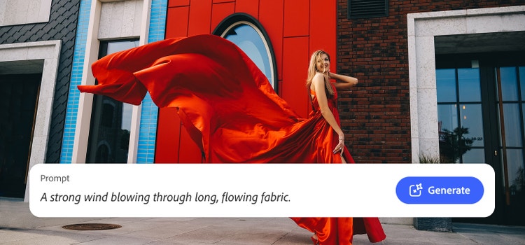 Eine Frau auf einem Gehweg in einem wehenden roten Kleid mit der KI-Sound-Generator-Benutzeroberfläche von Firefly, die einen Text-Prompt für einen starken Wind zeigt, der durch fließenden Stoff weht.