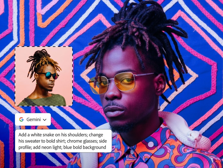 KI-generiertes Bild einer Person mit detaillierten Dreadlocks, die ein auffälliges gemustertes Hemd vor einem lebendigen, geometrischen, blau-rosa Hintergrund trägt