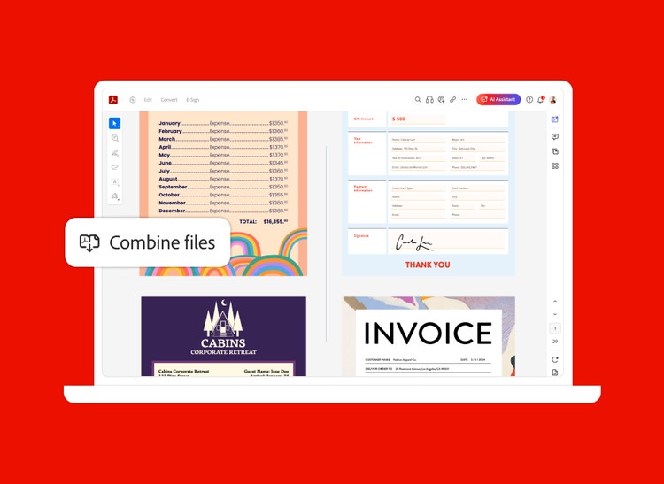 Laptop screen shows several files merged into a single PDF in Adobe Acrobat.