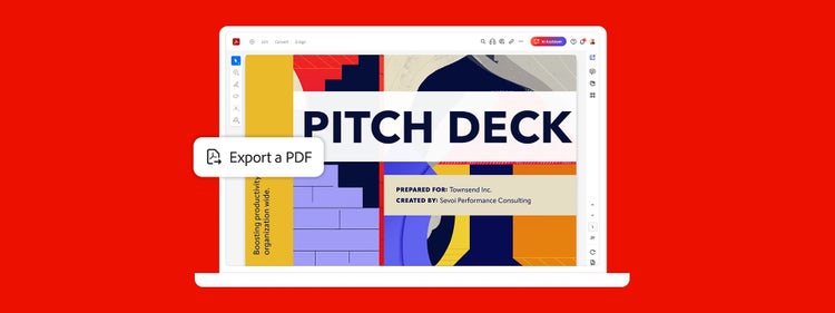 Laptop showing Adobe Acrobat with a pitch deck open and the “Export PDF” option visible.