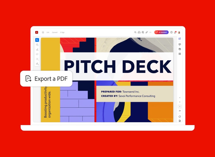 Laptop showing Adobe Acrobat with a pitch deck open and the “Export PDF” option visible.