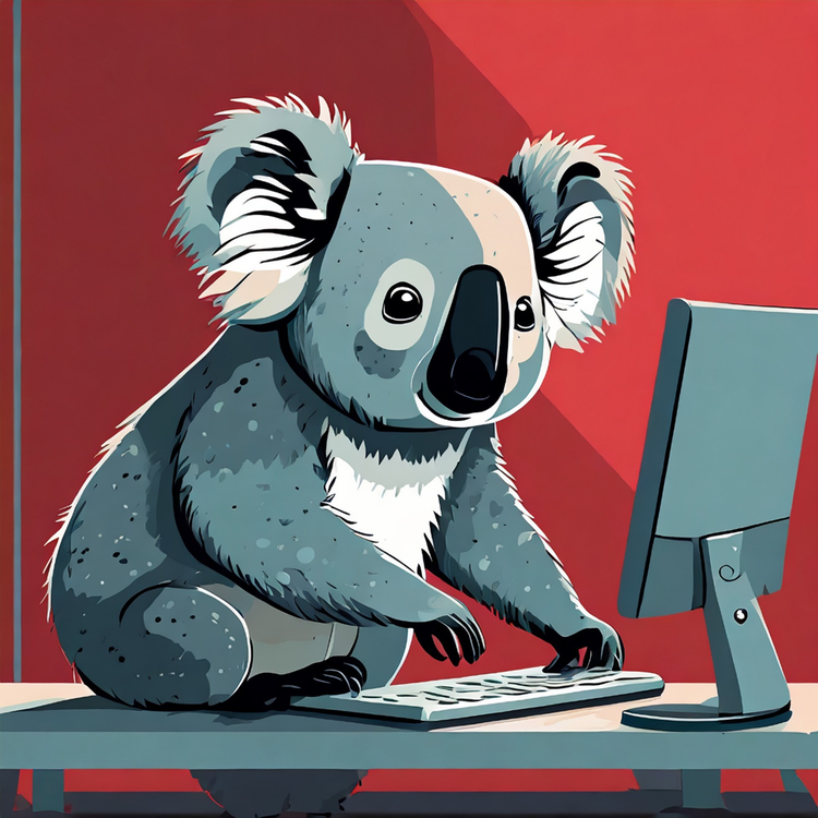 A koala bear sitting at a computer. Image generated with Adobe Firefly AI.