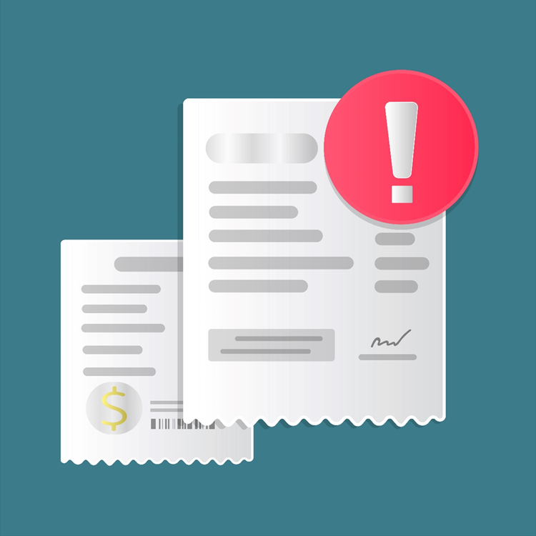 Illustration of two digital invoices/receipts overlaid with an exclamation mark.