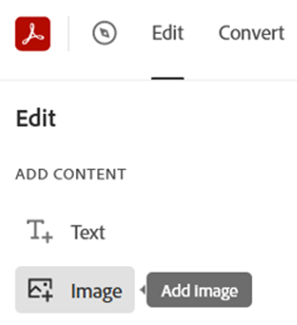 Screenshot of the Edit tool and the icon to select to add an image to a PDF.