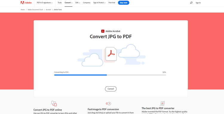 A screenshot of the convert JPG to PDF file, with an upload in progress and 50% showing on the progress bar. White on a red border.