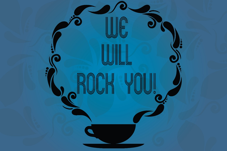 Illustration of a coffee cup with a decorative border circling the words "We will rock you!". The image includes decorative watermark in the background.