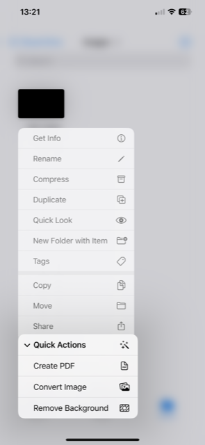 Screenshot of files folders options quick actions menu