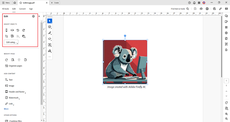 Screenshot from Adobe Acrobat Pro showing the icons to adjust objects in a PDF, with the image of a koala the right way up in the document.