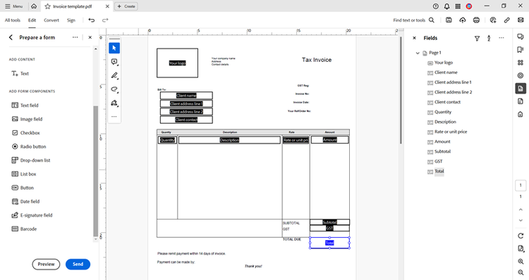 Screenshot from Acrobat Pro showing a sample invoice template and the menus for preparing a form and customizing form fields.